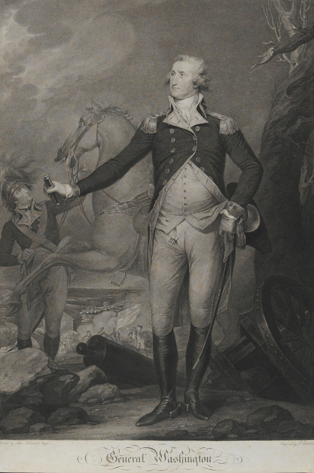 Washington is turned towards his right, and is wearing a high cravat and formal military jacket