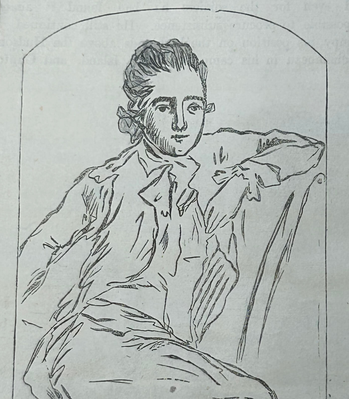A pen and ink sketch of Andre sitting down, with one arm rested on the back of his chair.