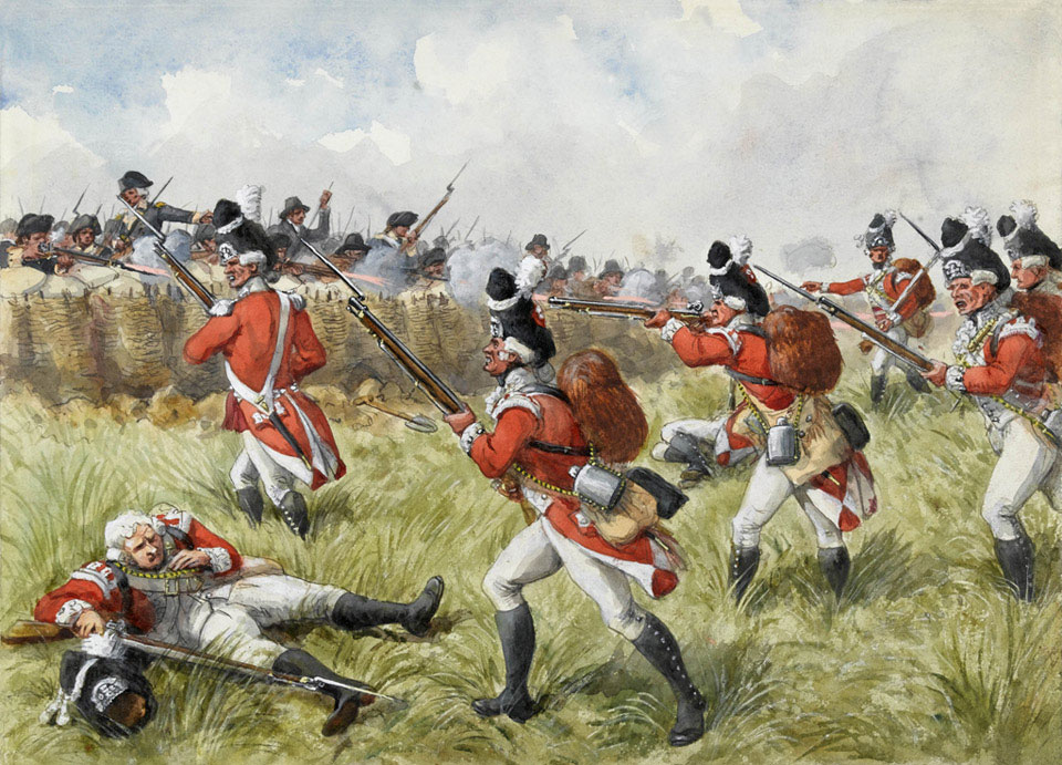 Battle scene of British redcoats advancing uphill towards Patriot forces behind barricades