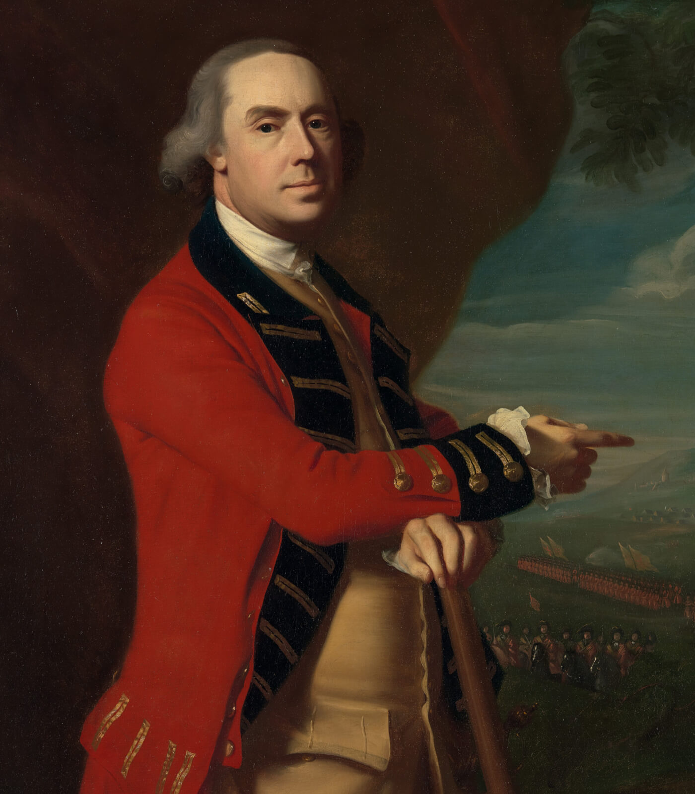 Classical portrait of Gage in his red army coatee, pointing at a battlefield behind him