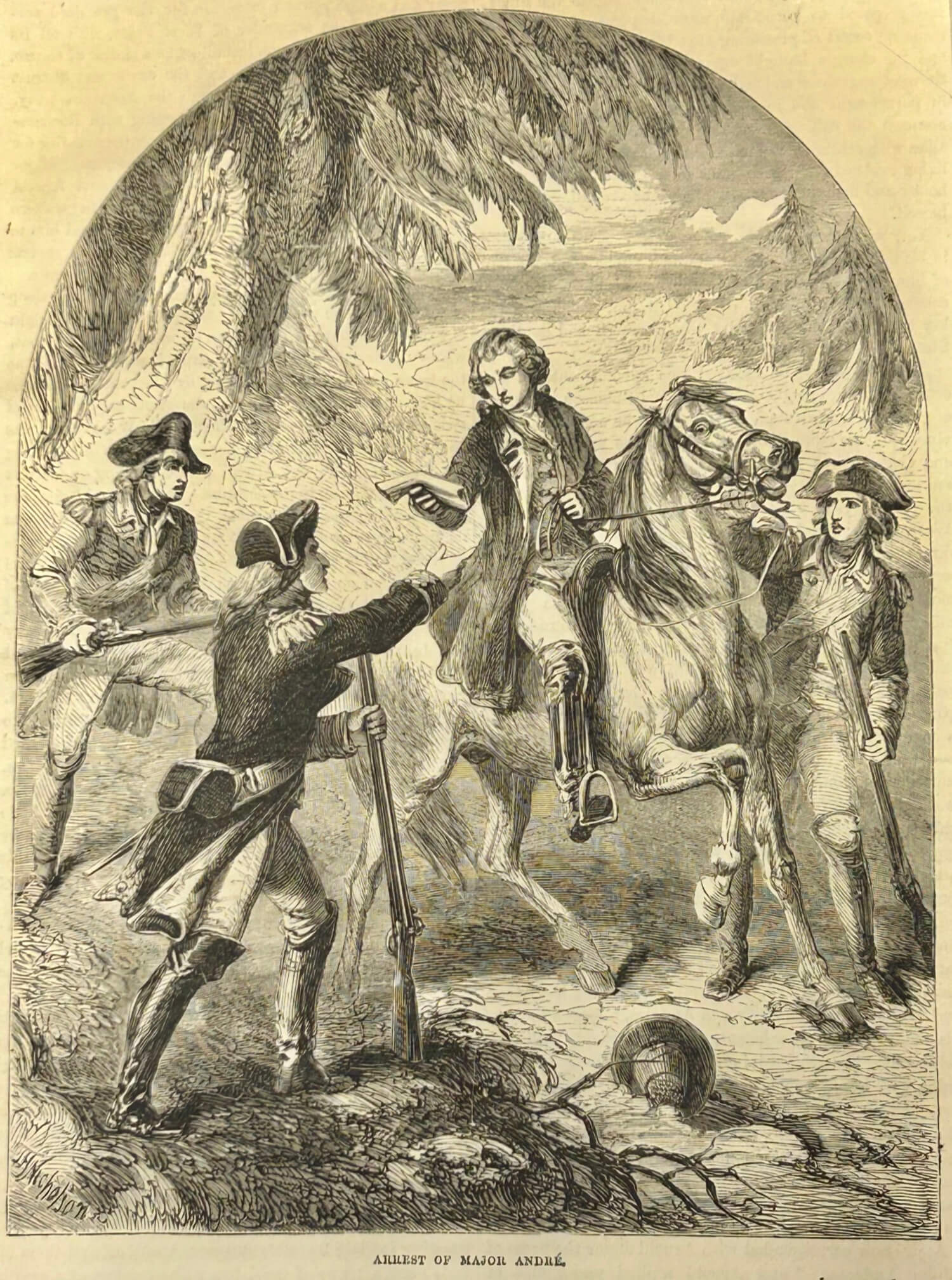 Major Andre is shown on a horse being confronted by several men