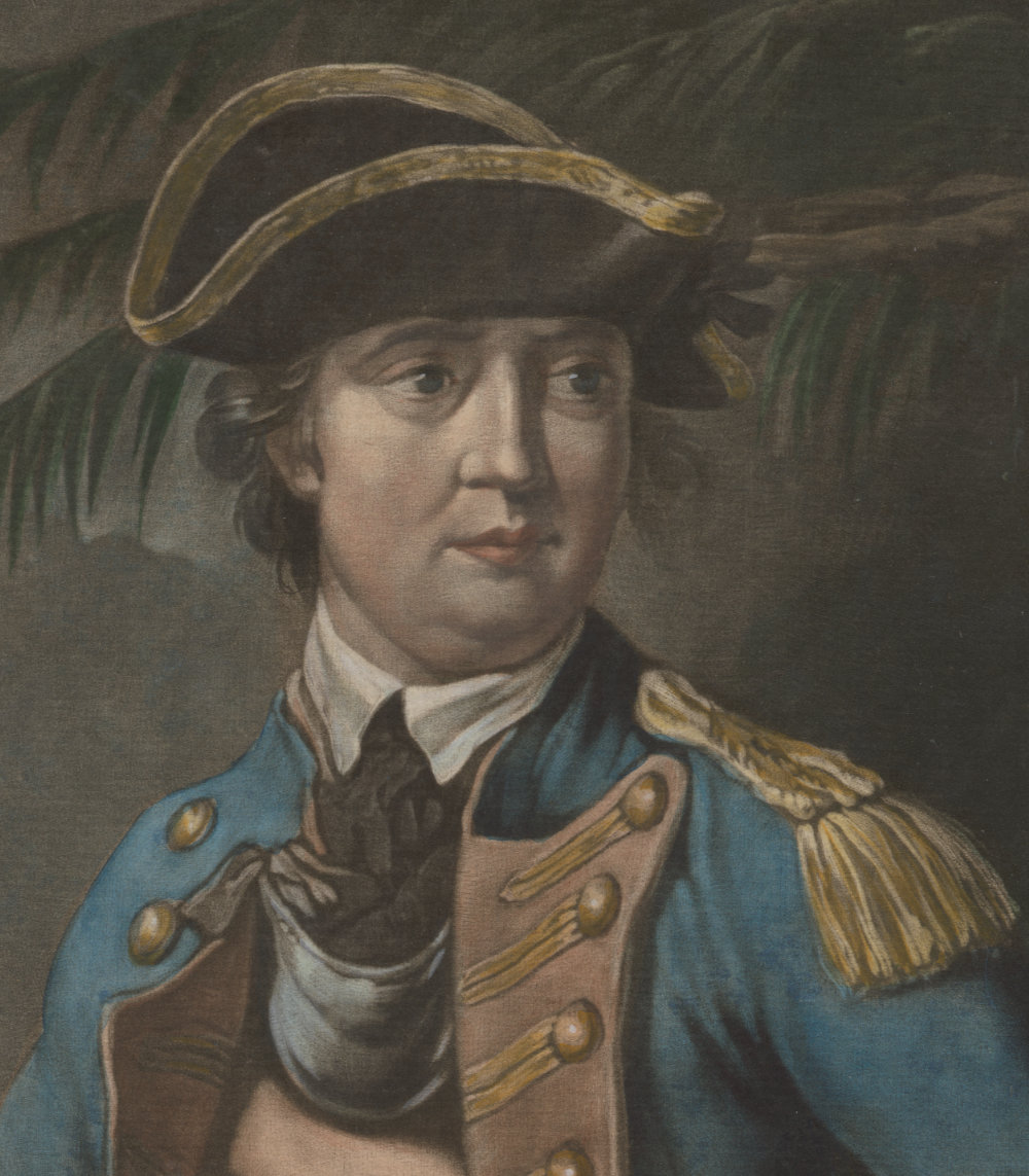 A coloured drawing of Arnold in the blue jacket of the Continental Army