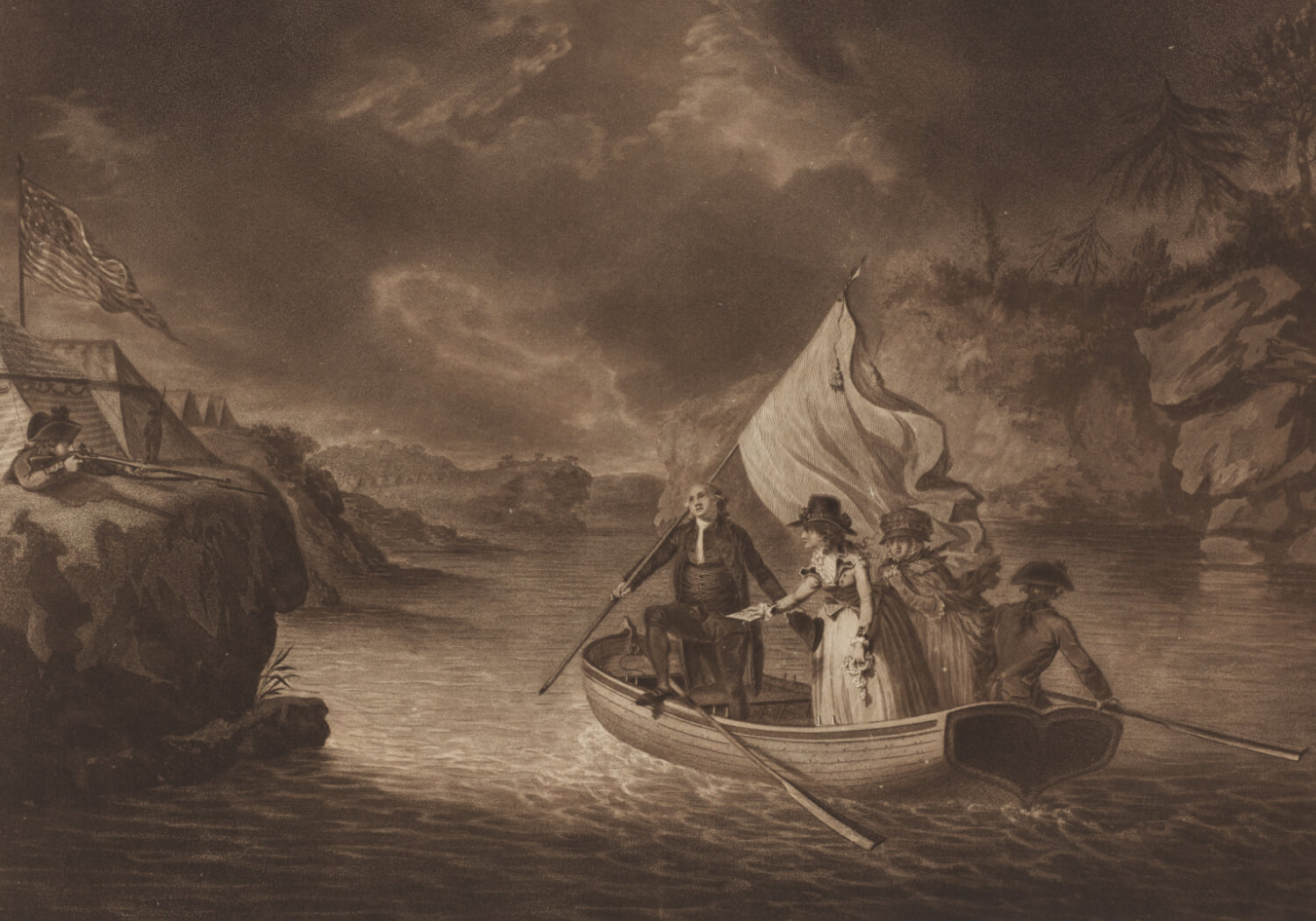 Monochrome image of Lady Harriet Acland, Crossing the Hudson River to the American Lines.