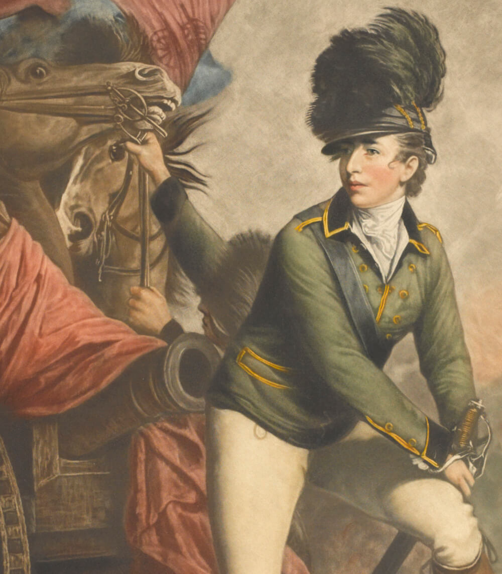 Tarleton is dressed in his green cavalry uniform, with plumes of feathers in his hat. Behind him is a cannon and two horses, the bridle of one being held by another figure