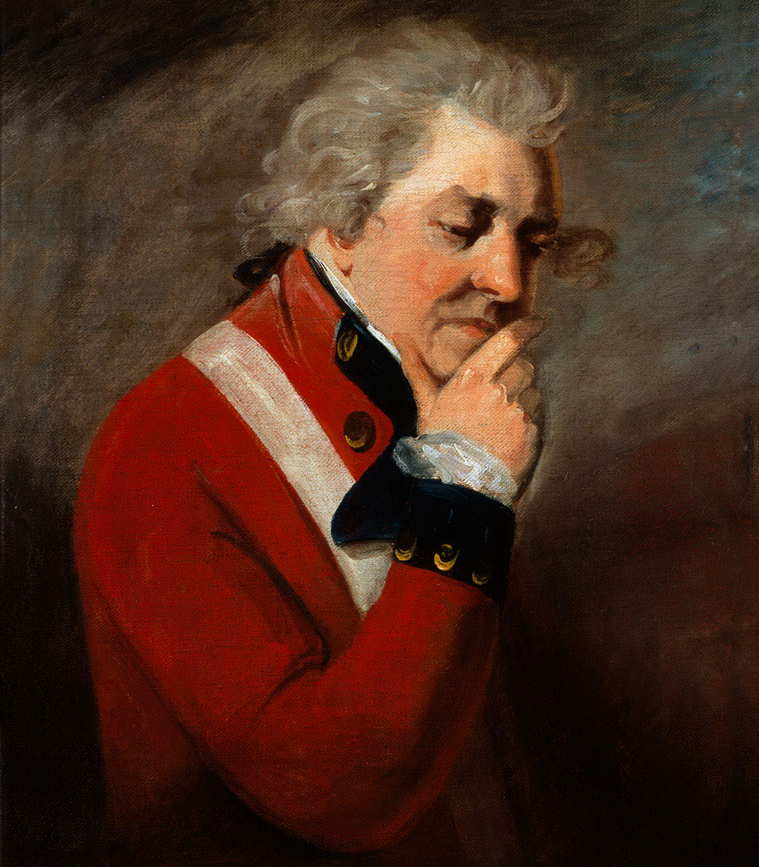 A side-on portrait of General Burgoyne wearing his red army uniform, the painting style is slightly impressionistic