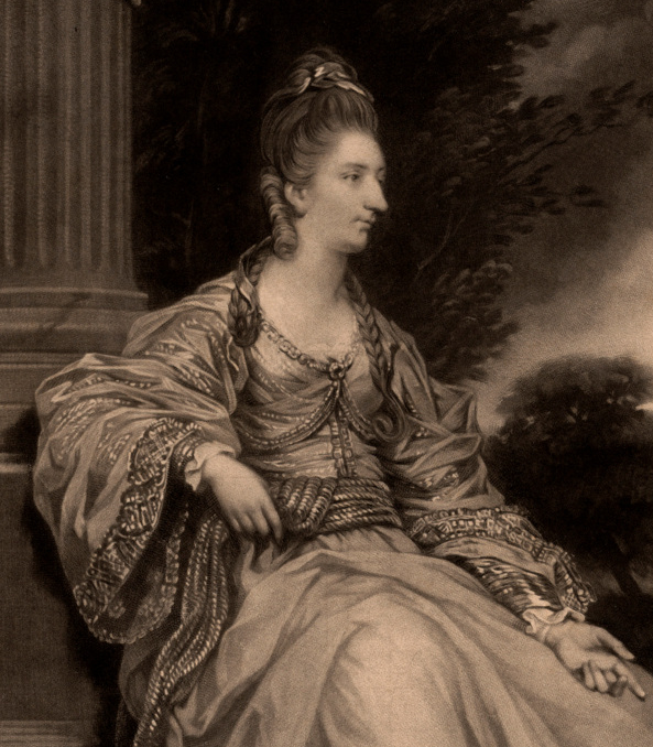 Monochrome image of a seated Lady Harriet in a flowing dress by a Greek column