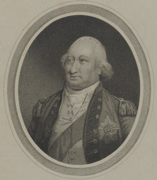 Grey stipple on cream image with Cornwallis angled towards his right