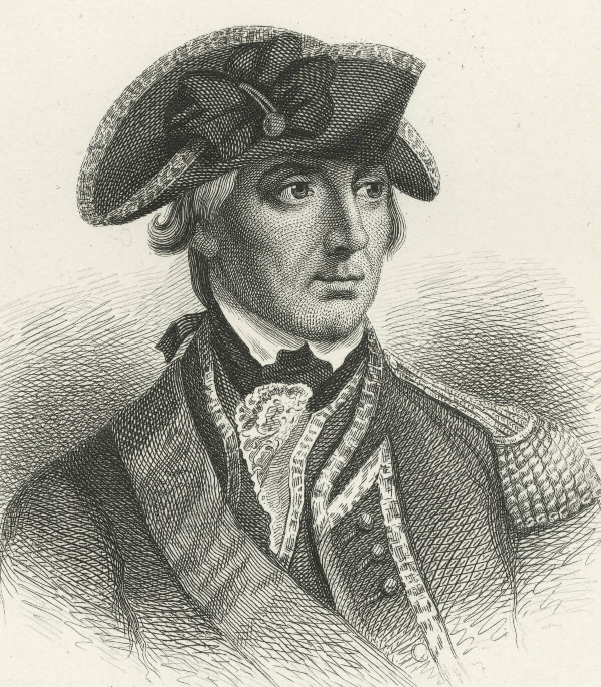 Black and white sketch with Howe wearing a tri-cornered hat