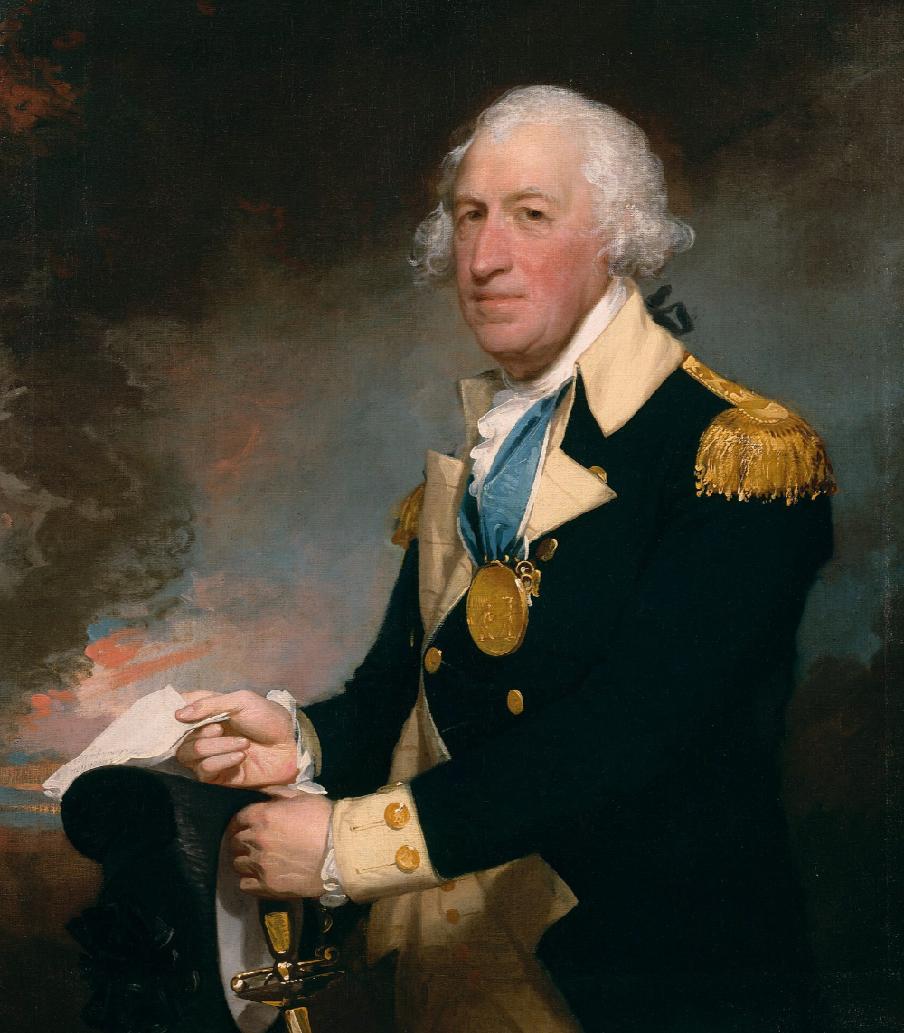 Formal portrait of Gates in oils, he is pictured in a black suit coat with cream collar, lapels and cuffs