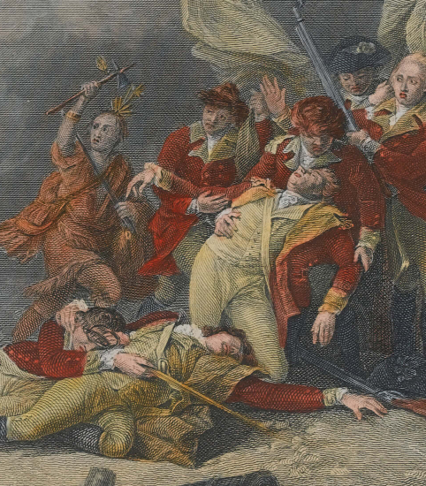 Coloured line engraving depicting the death of General Montgomery, 1775.
