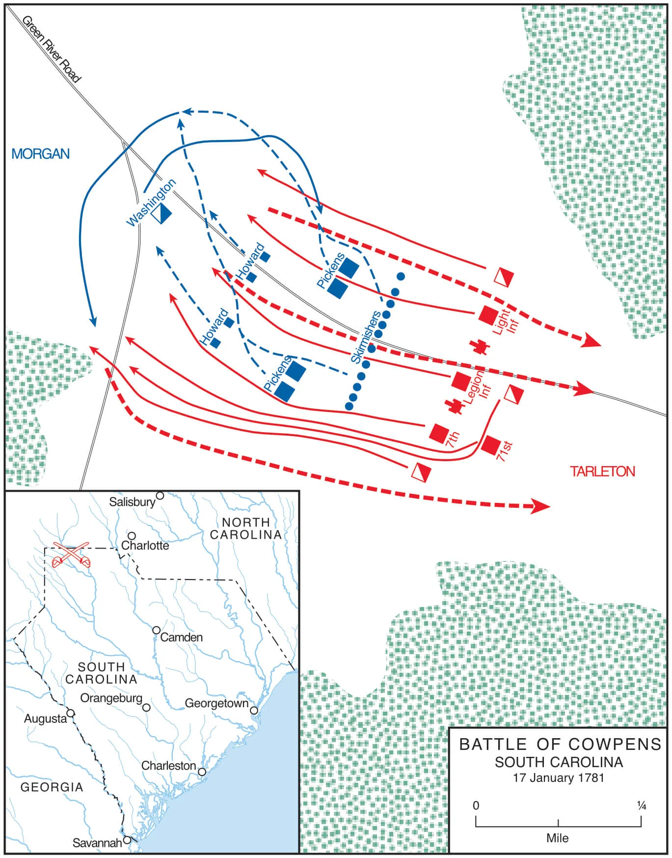 Map of Cowpens area in South Carolina inidcates how the British advanced and were then boxed in on three sides