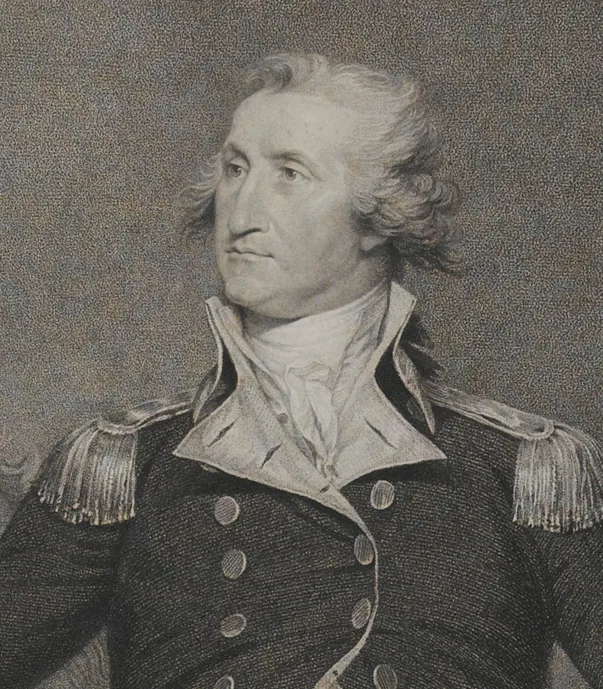 Washington is turned towards his right, and is wearing a high cravat and formal military jacket