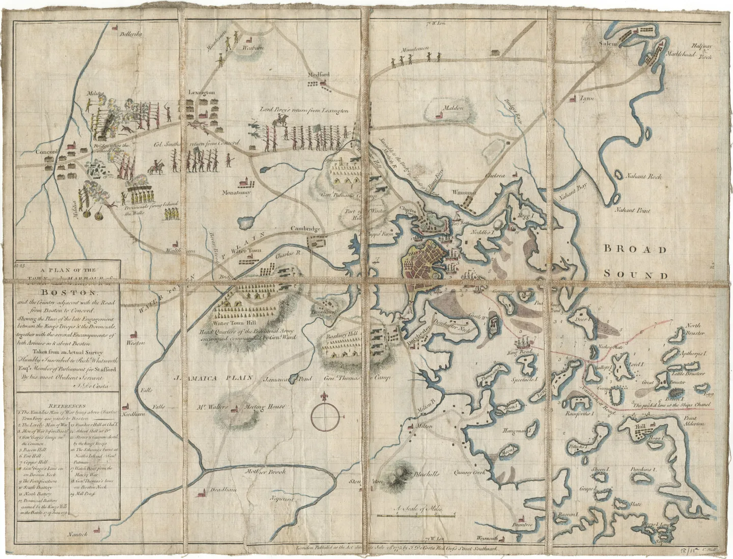 Map showing British and Patriot forces during the Battle of Lexington and Concord 