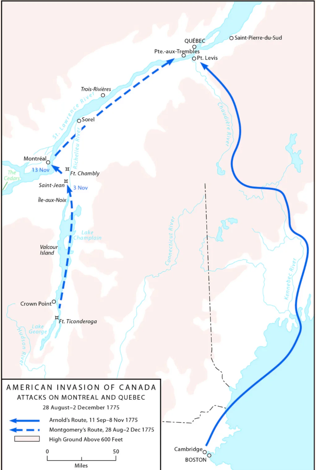 A map showing the routes taken by General’s Arnold and Montgomery