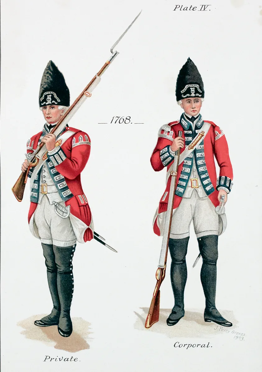 Two hand drawn images of 18th century Fusiliers depicting their uniforms with red coatees and muskets